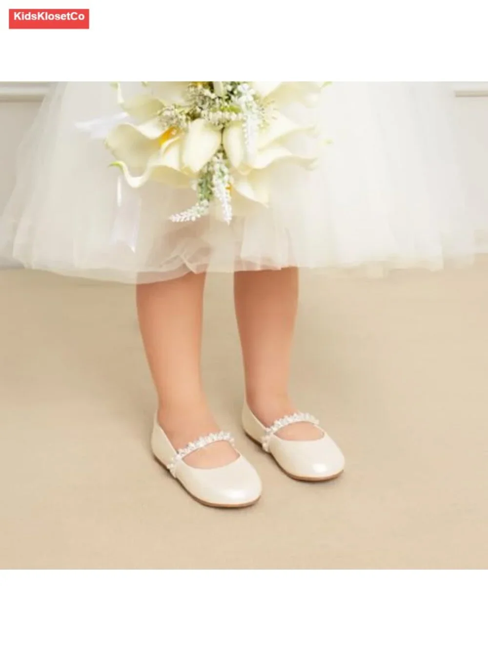 Girls Mary Jane Dress Shoes Ballerina Flats with Pearls and Rhinestones for